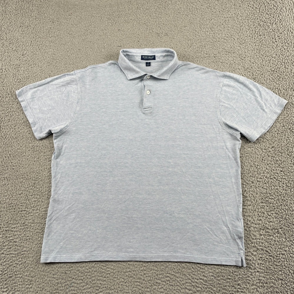 Peter Millar Polo Mens Medium Blue Crown Crafted Herringbone Short Sleeve Shirt